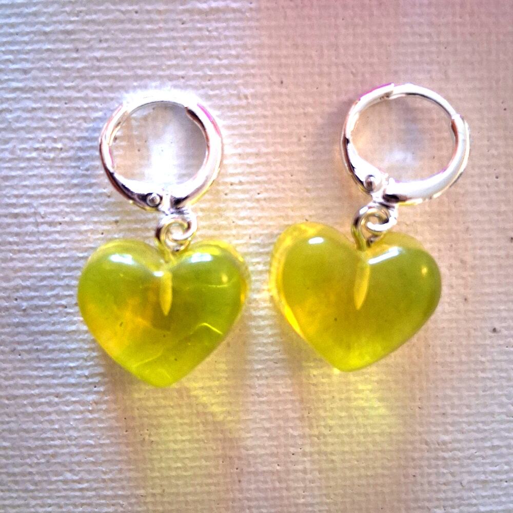Yellow HEART earrings Resin Silver Dangle Circle Leverback